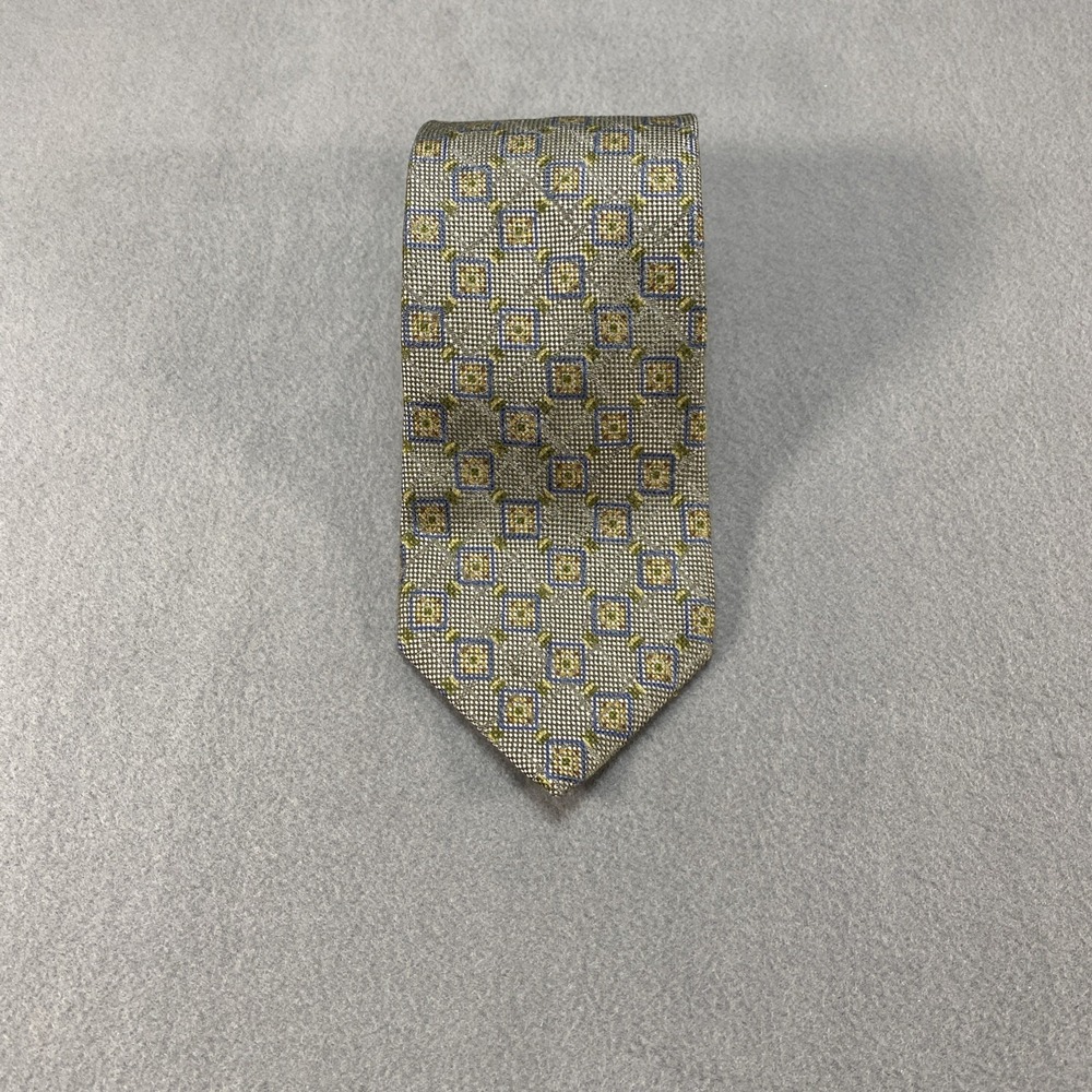 Ermenegildo Zegna Silk Necktie Italy Geometric Pattern Blue Green